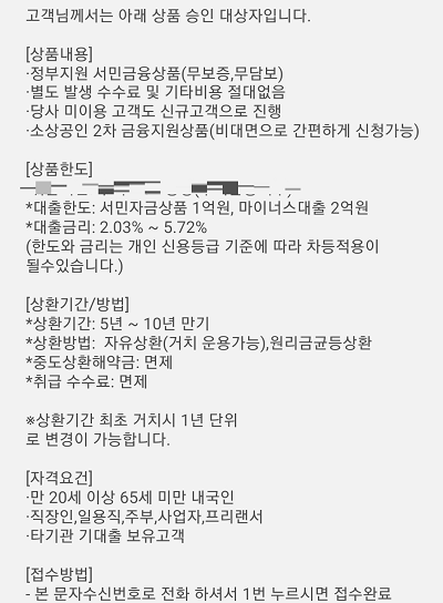 ▲정부 지원 대출상품으로 둔갑한 스미싱 문자