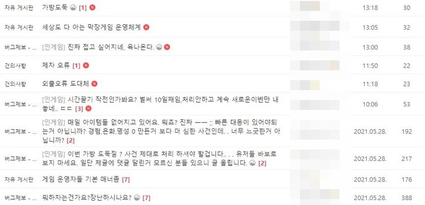 ▲아이템 사라짐과 운영 불통을 호소하는 유저들(출처: 꽃피는 달빛 공식 네이버 카페)