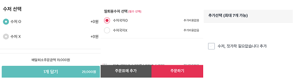 ▲(왼쪽부터)배달의민족, 요기요, 쿠팡이츠에 입점한 음식점들의 추가 옵션. '수저·포크 안 받기'가 기본 설정되는 것을 모르는 소비자들이 많기 때문에 메뉴 내에 추가 옵션을 두고 수저 받는 것을 기본으로 설정하고 있다.