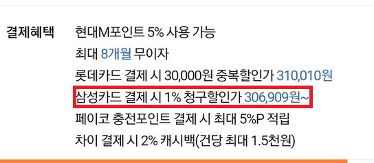 ▲ 박 씨가 구매한 티몬의 세탁기 판매 페이지에서 특정 제휴 카드로 구매할 때 제공되는 할인가를 안내하고 있다.