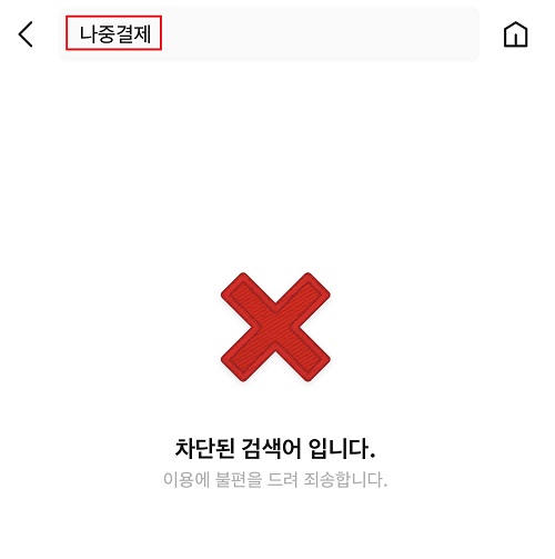 ▲번개장터에 '나중결제'를 검색하면 차단된 검색어라고 안내된다.