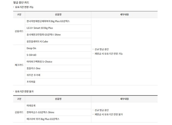 ▲신한카드 신규 발급 중단 카드 안내