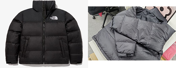 ▲노스페이스 홈페이지에 나와 있는 제품 이미지(왼쪽)와 신 씨가 구매한 옷