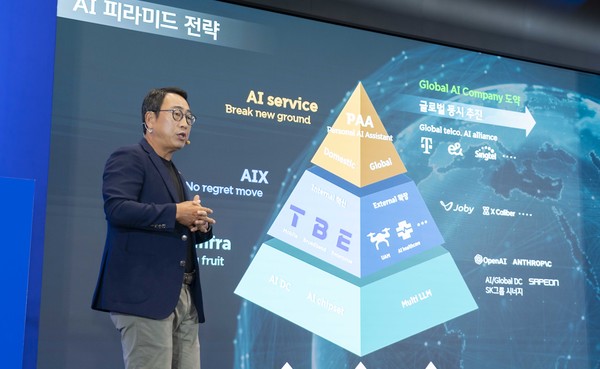 ▲유영상 SKT 대표가 AI 피라미드 전략에 대해 설명하고 있다.