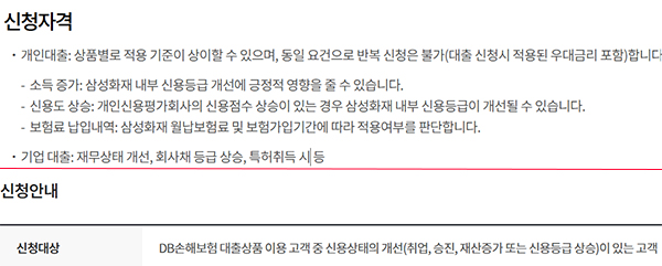 ▲ 삼성화재(위)와 DB손해보험의 금리인하요구권 신청 기준