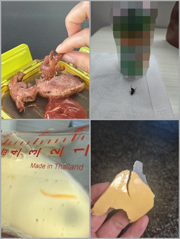 ▲(왼쪽 위부터 시계방향으로) 훈제 오리 제품에 깃털이 덜 제거된 모습, 캔 음료서 나온 벌레, 치즈 포장 불량, 분유 이물질