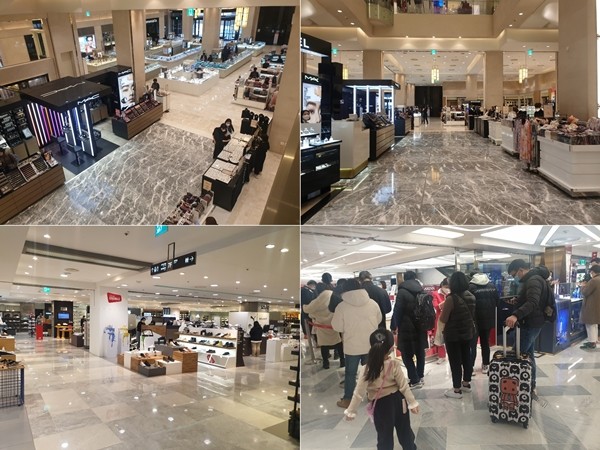 31일 한산한 신세계백화점 본점 1층 모습(위)과 롯데백화점 본점과 롯데면세점에서 쇼핑하는 중국인 관광객 모습.