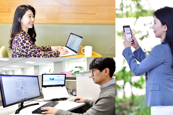 LG화학 임직원이 다양한 장소에서 디지털 기기를 활용해 협업하고 있다.