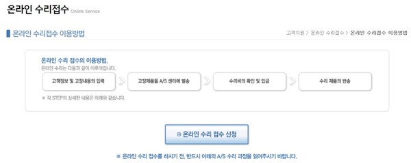 ▲AS진행 경로 안내. 한국닌텐도는 '온라인 수리접수'만 가능하다.