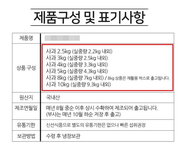 ▲인터파크 입점 판매자가 상세페이지를 통해서만 실중량을 표기한 모습.