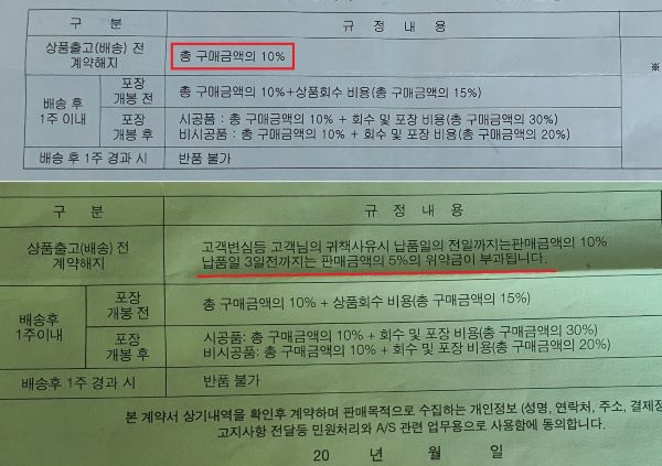 ▲김 씨가 처음 계약한 대리점 계약서(위쪽)와 두 번째 계약한 대리점의 계약 해지 위약금 기준이 다르다.