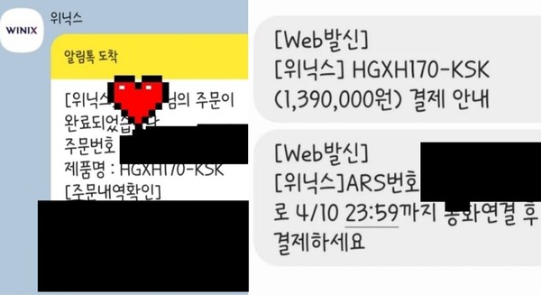 ▲사전예약 후 위닉스 측이 문 씨에게 전달한 결제 메시지