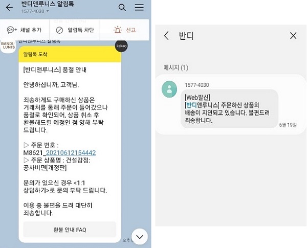 ▲소비자가 받은 반디앤루니스 카카오톡 알림톡 및 문자메시지