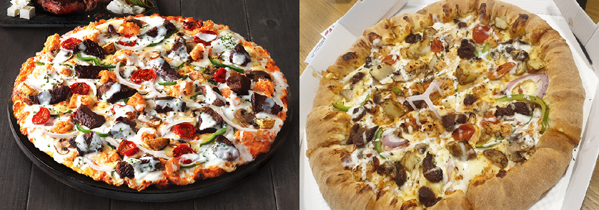 ▲도미노피자 공식 홈페이지의 '블랙앵거스 스테이크 피자' 이미지(왼쪽)와 강 씨가 받은 피자