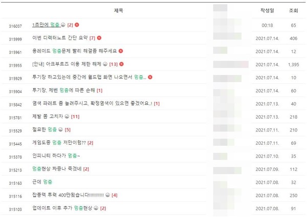 ▲오랜 시간 수정되지 않는 멈춤 현상으로 엑소스히어로즈 공식 네이버 카페에는 유저들의 불만이 가득하다.