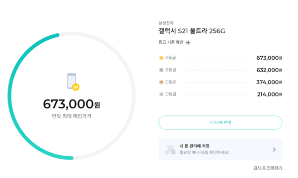 ▲민팃 홈페이지에 고지된 갤럭시S21 울트라의 중고 시세(9월 1일 기준)
