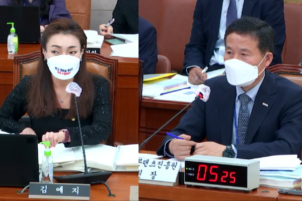 ▲김예지 국민의힘 의원(왼쪽)과 조현래 한국콘텐츠진흥원 원장(국회 인터넷의사중계시스템 영상캡처)