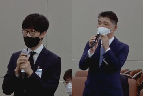 ▲이해진 네이버 글로벌투자책임자(오른쪽)와 김범수 카카오 의장(왼쪽)이 국회 국감에서 의원 질의에 답하고 있다.
