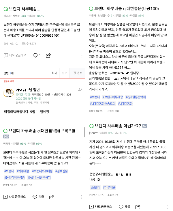 ▲네이버 지식IN에 브랜디 하루배송 관련 문의가 지속적으로 올라오고 있다.