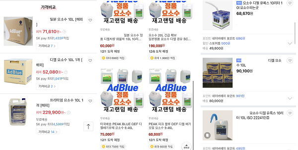 ▲(왼쪽부터) 11번가, 쿠팡, 네이버 요소수 판매 현황. 가격이 10만 원 이상인 제품도 있다.