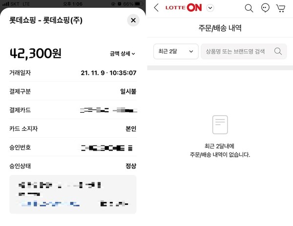 ▲ 이 씨가 신발을 구매한 신용카드 결제 내역(왼쪽)이 정상적으로 조회되는 반면 롯데ON에서의 내역은 확인되지 않는다.