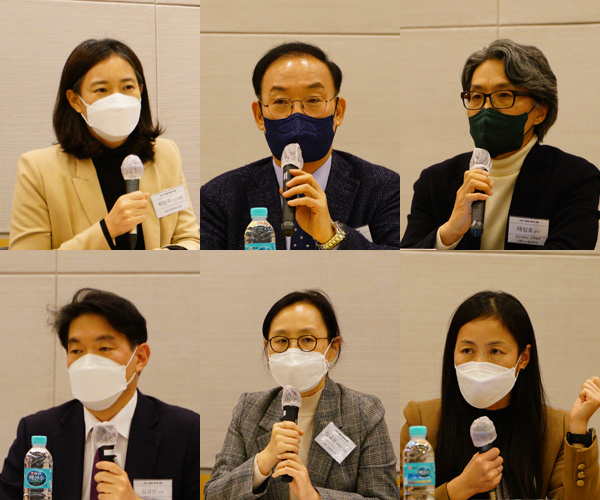 ▲25일 여의도 전경련회관에서 열린 ‘2021 친환경 하우징 포럼’에서 패널들이 토론하고 있다. (왼쪽 위부터)최상희 토지주택연구원 연구위원, 권대중 명지대학교 부동산학과 교수, 태성호 한양대학교 건축학부 건축시스템공학과 교수, 김경헌 국토부 주택건설공급과 과장, 김예성 국회 입법조사처 입법조사관, 김은희 건축공간연구원 연구위원