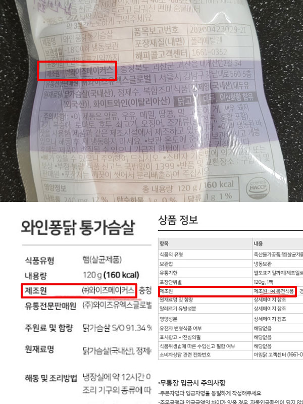 ▲제품 포장지(위)와 공식몰 내 상품 이미지(아래 왼쪽)에는 제조원이 (주)와이즈메이커스로 표기돼 있으나 공식몰 내 상품 상세정보(아래 오른쪽)에는 복천식품이라 표기돼 있다