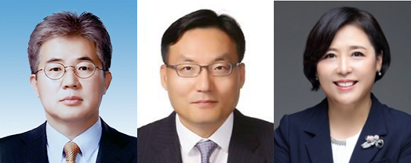 ▲(왼쪽부터) 이영창 신한금융투자 대표이사, 이현승 신한자산운용 각자대표 내정자, 조경선 신한DS 대표이사 내정자