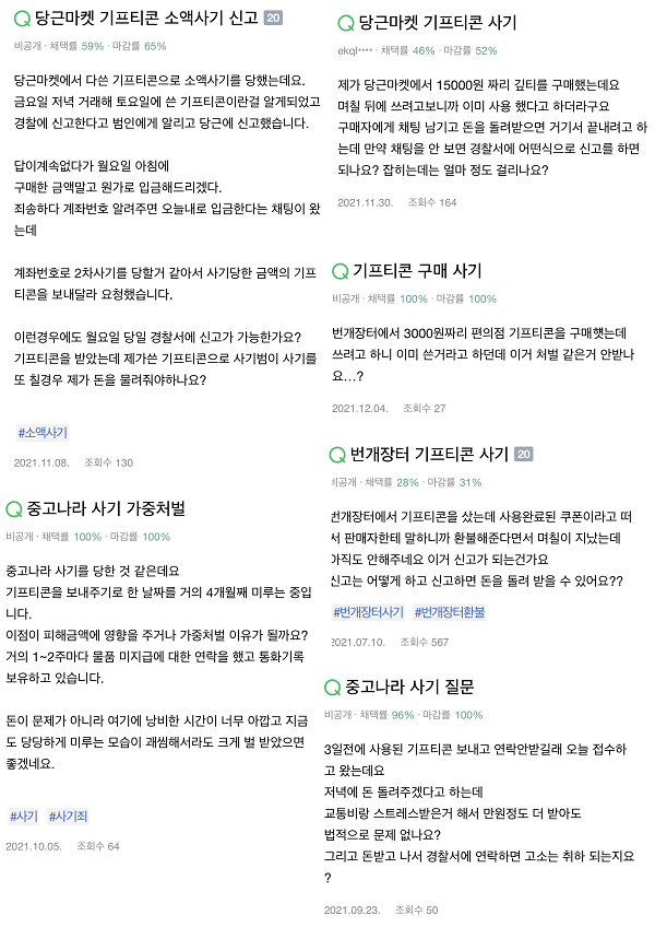 ▲네이버 지식IN에는 당근마켓, 중고나라, 번개장터 등에서 기프티콘 거래 사기를 당했다며 피해를 호소하는 글들이 다수 올라와 있다.