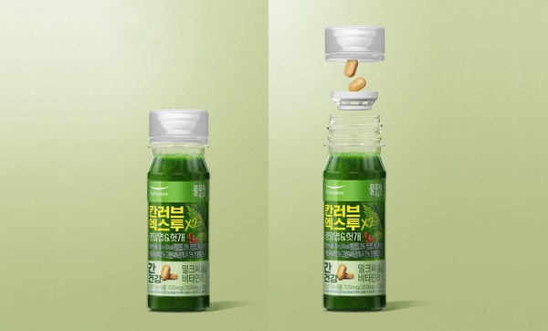 ▲국내 첫 융복합 건강기능식품 제품으로 출시된 풀무원녹즙의 '칸러브 엑스투'