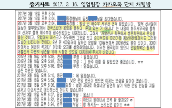 ▲담합 증거 자료로 제시된 카카오톡 내용