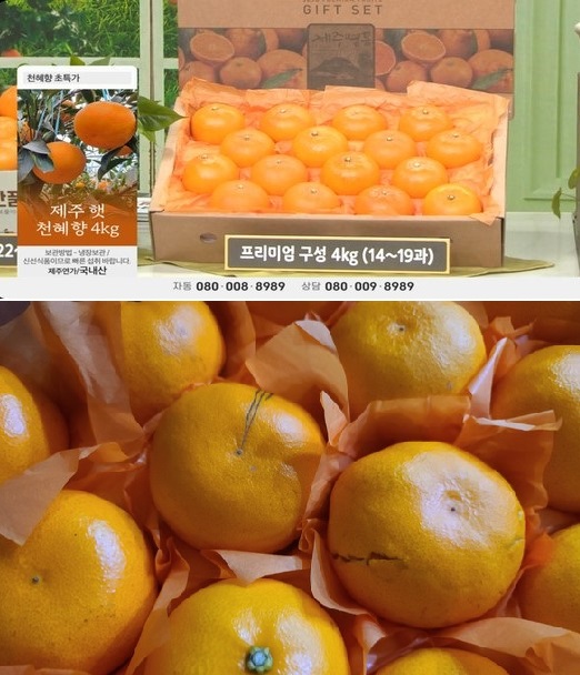 신세계라이브쇼핑의 방송 상의 천혜향(위)과 이 모씨가 실제 배송 받은 천혜향. 무르고 깨진 개체가 눈에 띈다.