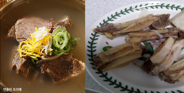 공영홈쇼핑에서 방송된 갈비탕의 조리예(왼쪽)과 양 모씨가 구입한 갈비탕.