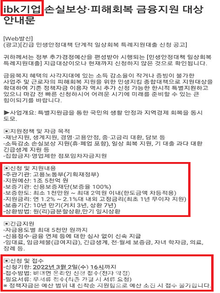 ▲ 제보자 최 씨가 받은 피싱 문자메시지. IBK기업은행을 사칭해 'ibk기업'이라고 안내하며 단계적 일상회복 특례지원대출 신청이 가능하다고 안내되어있다.