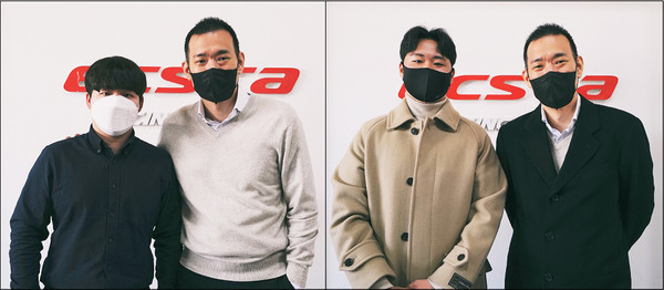 ▲금호타이어 엑스타 레이싱팀 신규선수 영입을 기념하여 이찬준 선수(왼쪽부터), 김진표 감독, 이창욱 선수가 사진촬영을 하고 있다.