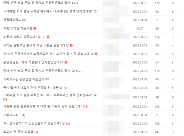 ▲라피스 공식 카페에는 불통에 답답함을 호소하는 유저들의 게시글이 가득하다.