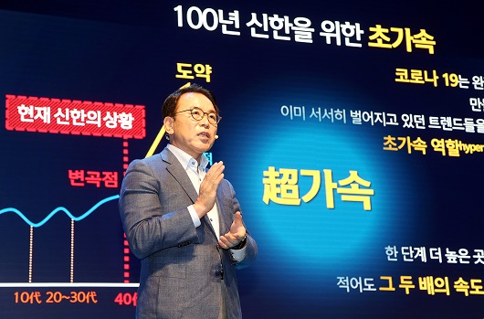 ▲ 7일 열린 제 2회 신한문화포럼에 참석한 조용병 신한금융그룹 회장이 신한문화의 발전 방향에 대해 발표하고 있다.