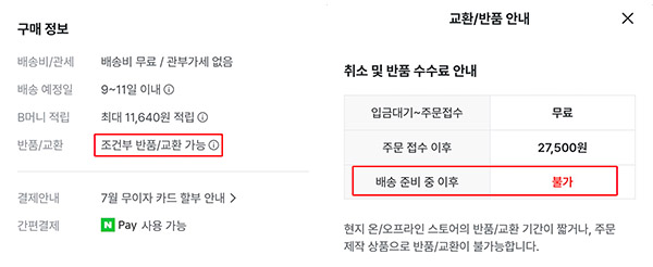 ▲트렌비 해외직구상품의 '조건부 반품' 탭을 누르면 배송준비중 이후에는 취소나 반품이 불가하다고 안내하고 있다