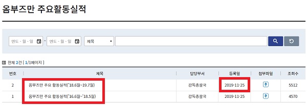 ▲금감원 홈페이지 내 옴부즈만 주요활동실적 공시. 2019년 7월 이후 활동실적은 공시되지 않고 있다