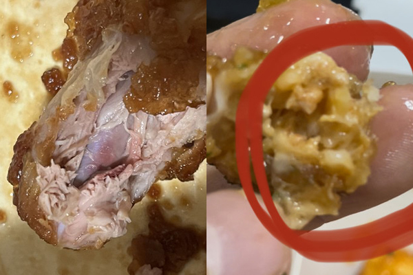 ▲치킨에서 나온 붉은 뼈와 살(왼쪽), 덜 익은 닭강정