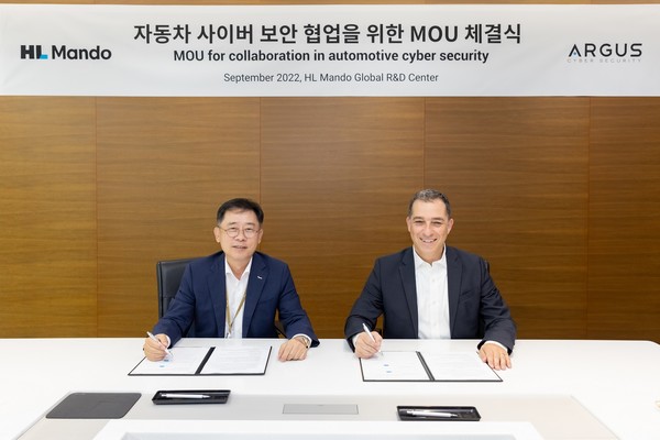 ▲조성현 HL만도 사장(왼쪽)과 아르거스 로넨 스몰리 최고경영자(CEO)