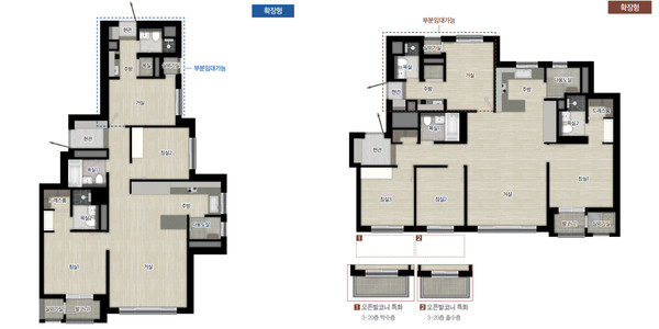 ▲ 세대분리형 평면으로 선보이는 84㎡C(좌), 100㎡B(우) 타입 평면도