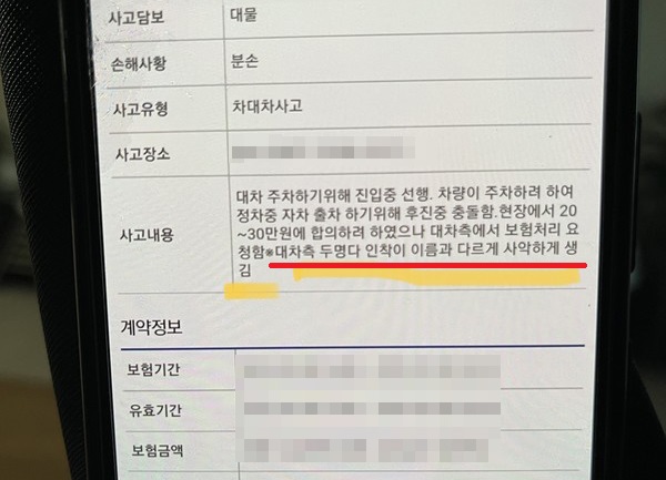 ▲이 씨가 받은 사고내용 보고서에 "대차 측 두명(본인 및 동승자) 다 인상착의가 이름과 다르게 사악하게 생김"이라고 써 있다