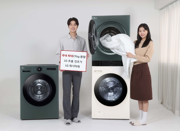 ▲LG전자 트롬 건조기(왼쪽)와 원바디 세탁건조기 워시타워 신제품