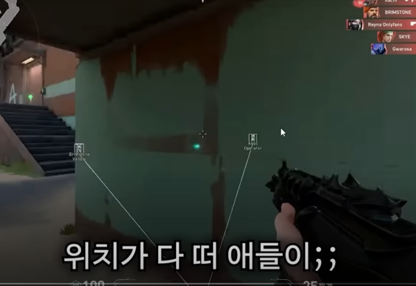 ▲발로란트에 핵이 적용된 장면. 적의 위치를 파악할 수 있다.(출처: '마닥개' 유튜브 캡처)