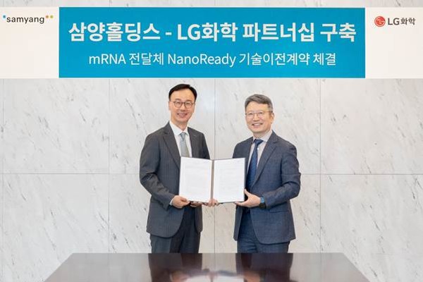 삼양홀딩스 이영준 대표(왼쪽)와 LG화학 손지웅 생명과학사업본부장