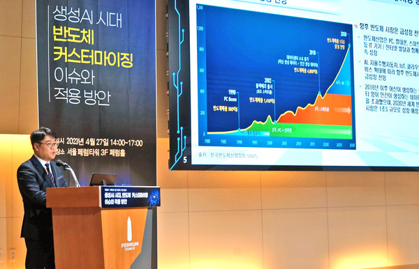 ▲김양팽 연구원이 ‘반도체 시장동향과 지형변화’를 주제로 발표를 진행하고 있다.