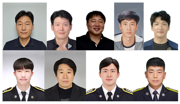 ▲왼쪽부터 강충석(50), 김진홍(45), 이동욱(43), 임범식(47), 류민우(39), 김종민 경장(28), 신윤곤(56), 박철수 경사(36), 김익수 소방교(35)