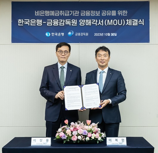 ▲ 이창용 한국은행 총재(왼쪽)와 이복현 금융감독원장이 MOU 체결 후 기념촬영을 하고 있다.