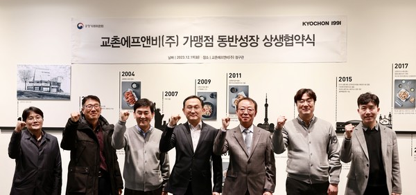 ▲지난 19일 경기도 오산시에 위치한 교촌 R&D센터 ‘정구관’에서 열린 ‘가맹점 동반성장 상생협약식’에서 선중규 공정거래위원회 기업협력정책관(왼쪽 네번째), 송종화 교촌에프앤비㈜ 부회장(왼쪽 세번째), 여창우 교촌 가맹점 신상생협의체 회장(왼쪽 다섯번째), 이상로 교촌에프앤비㈜ 국내영업총괄대표(왼쪽 여섯번째) 등 관계자들이 기념사진을 촬영하고 있다